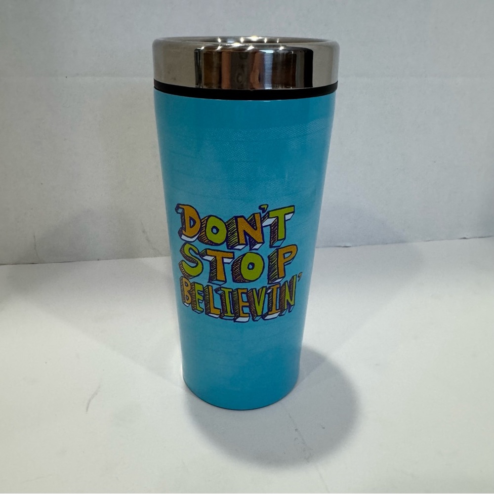 Don’t Stop Believin’ NEW Blue Q Stainless Steel drink tumbler mug black lid